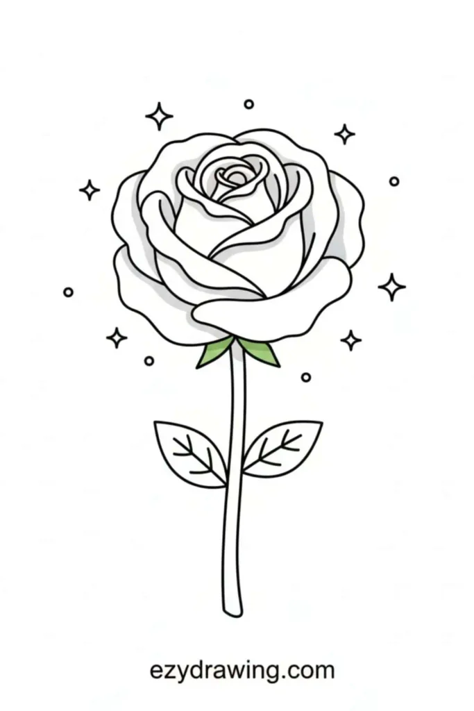 Simple outline of a blooming rose on a long stem with two leaves and small sparkles around it, drawn in a clean kid friendly style