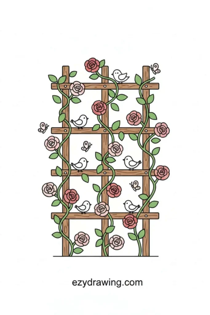 Climbing rose vines with pink blooms growing on a wooden trellis, surrounded by small birds and butterflies in a cute simple style
