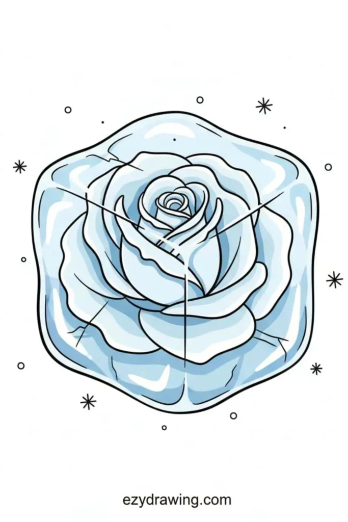 Blue rose frozen inside a block of ice with shiny cracks and small snowflake sparkles around it in a simple outlined style