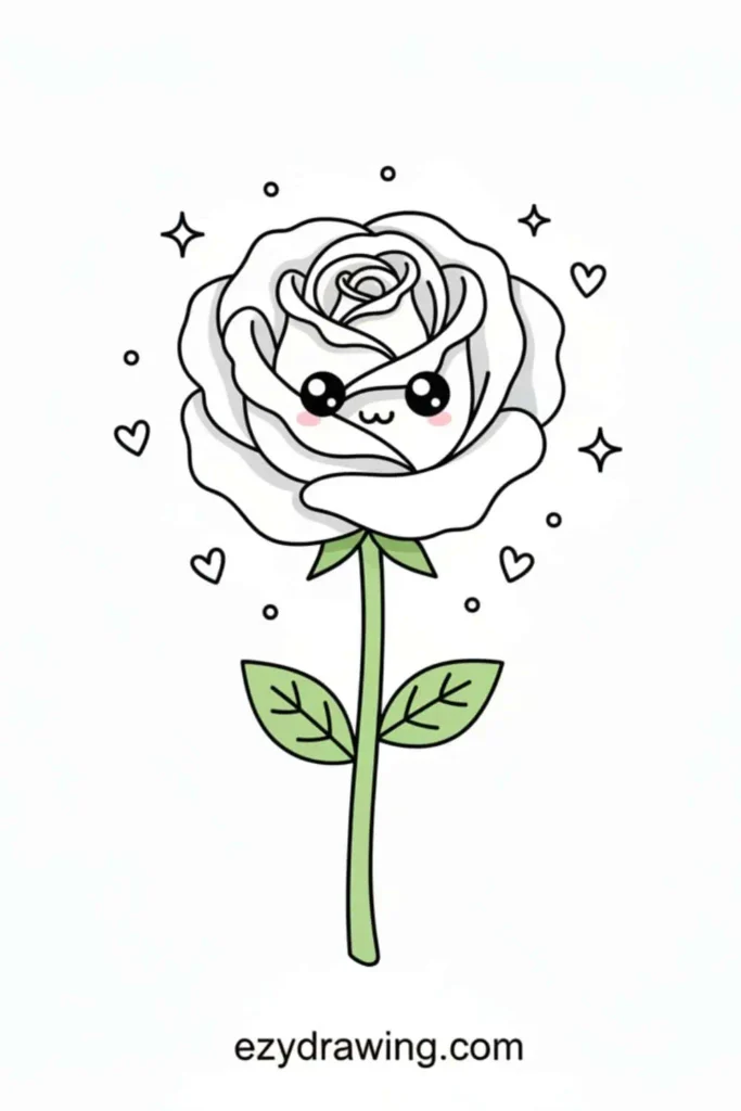 Cute kawaii rose with big shining eyes, blush cheeks, and a smiling face on the petals, surrounded by tiny hearts and sparkles