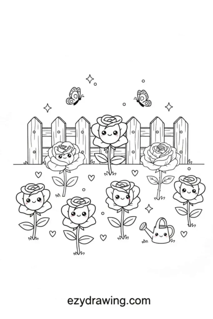 Cute rose garden scene with smiling roses, butterflies, a wooden fence and a tiny watering can in a simple playful outline style