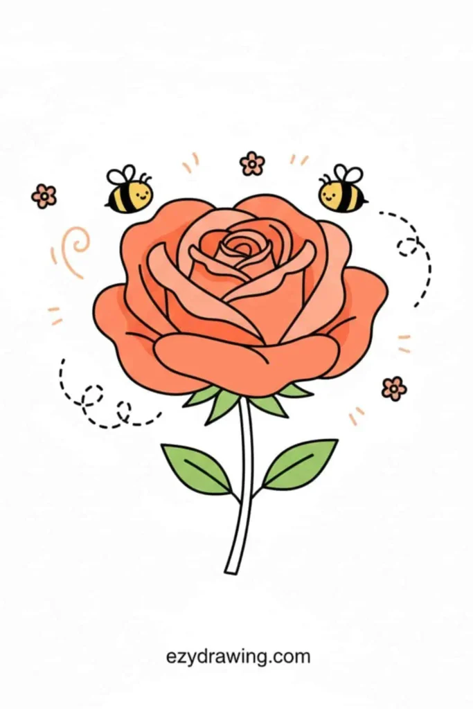 Orange rose with layered petals and green leaves, surrounded by flying bees, tiny flowers and playful motion lines in a cute simple style