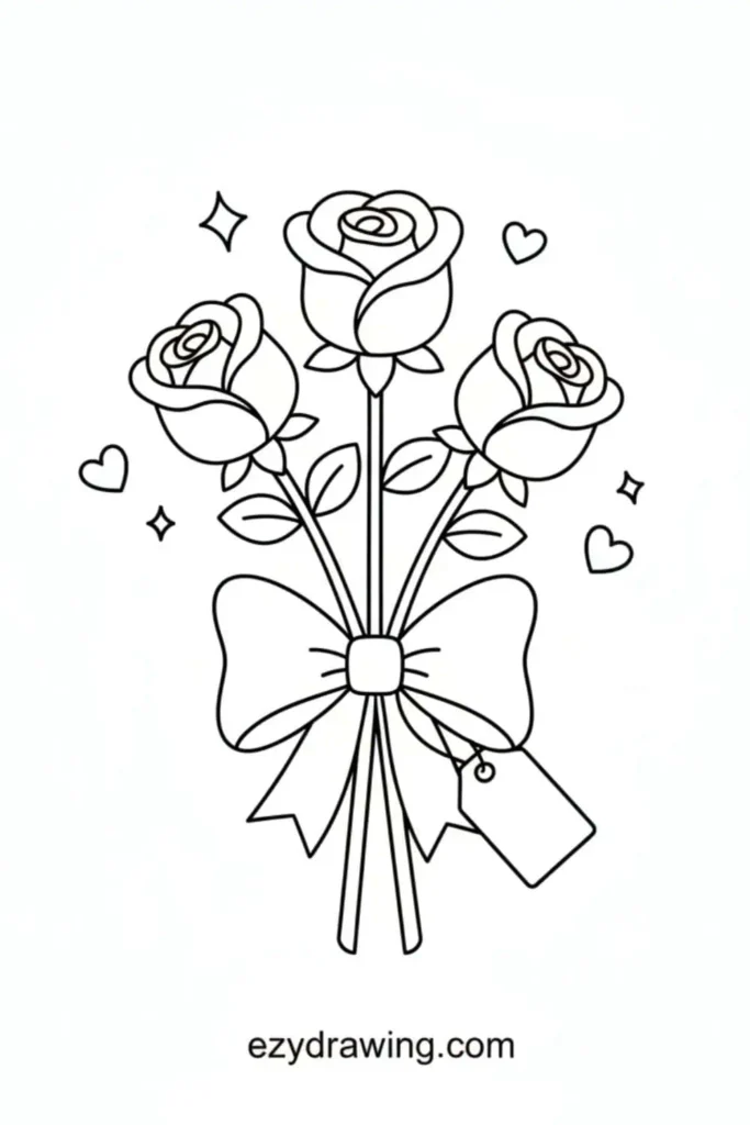 Three blooming roses tied with a large ribbon bow and gift tag, surrounded by small hearts and sparkles in a simple outline style