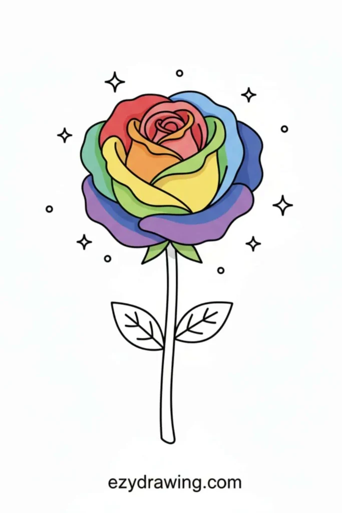 Bright rainbow colored rose with layered petals on a simple stem with two leaves, surrounded by tiny sparkles in a clean outlined style
