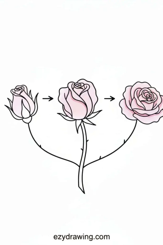 Three stage rose illustration showing a closed bud, a half open bloom and a fully opened flower connected by arrows in a simple outlined style