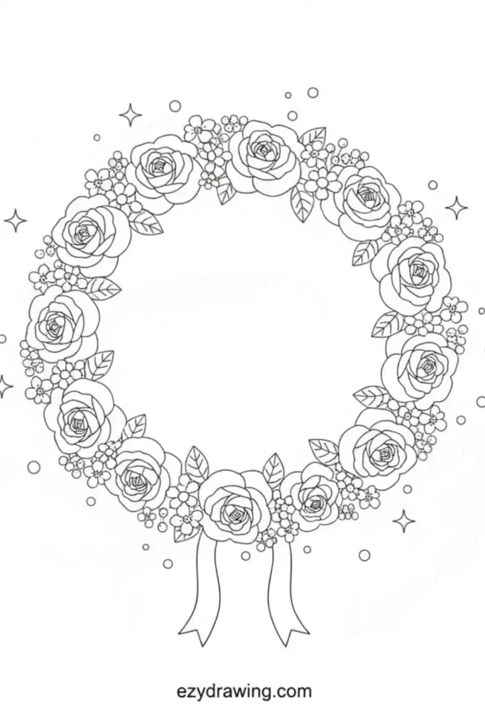 Circular floral wreath made of roses, tiny blossoms and leaves with a ribbon at the bottom, decorated with small sparkles around it