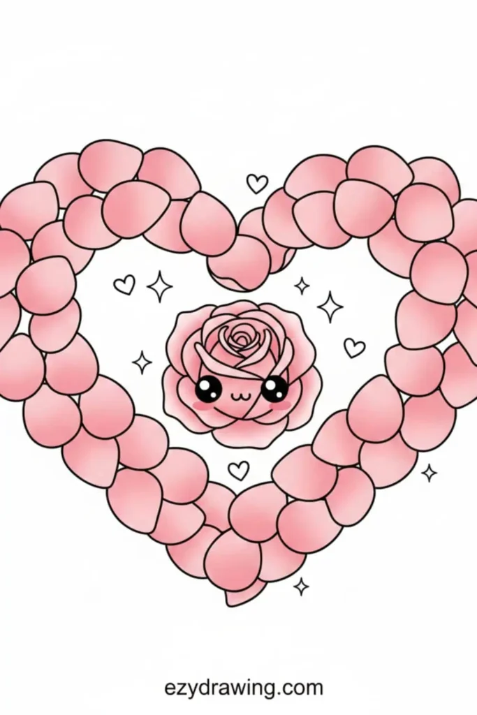 Heart made of soft pink rose petals with a cute kawaii rose face in the center, surrounded by sparkles and tiny hearts
