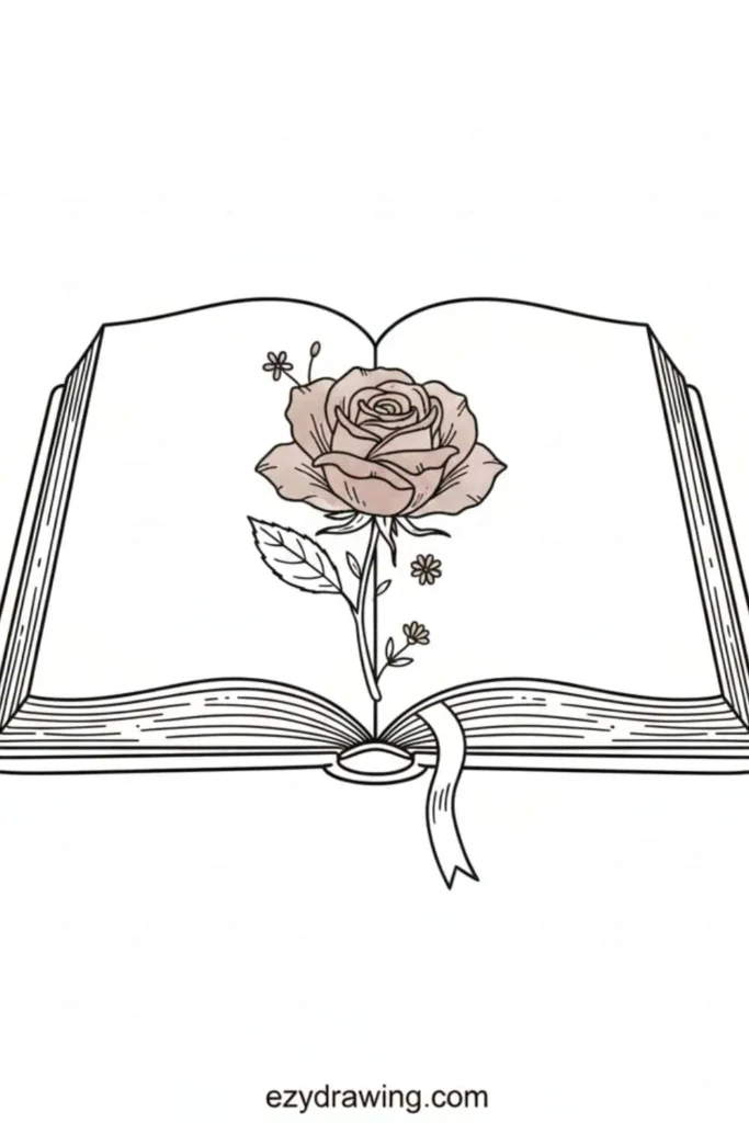 Open book with a single rose blooming from its center, surrounded by tiny flowers and a bookmark ribbon in a simple outlined style