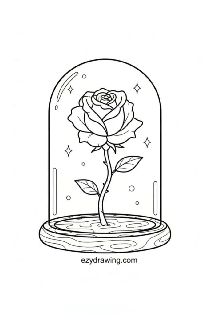 Single rose standing under a glass dome on a round base with sparkles floating around it in a simple outlined style
