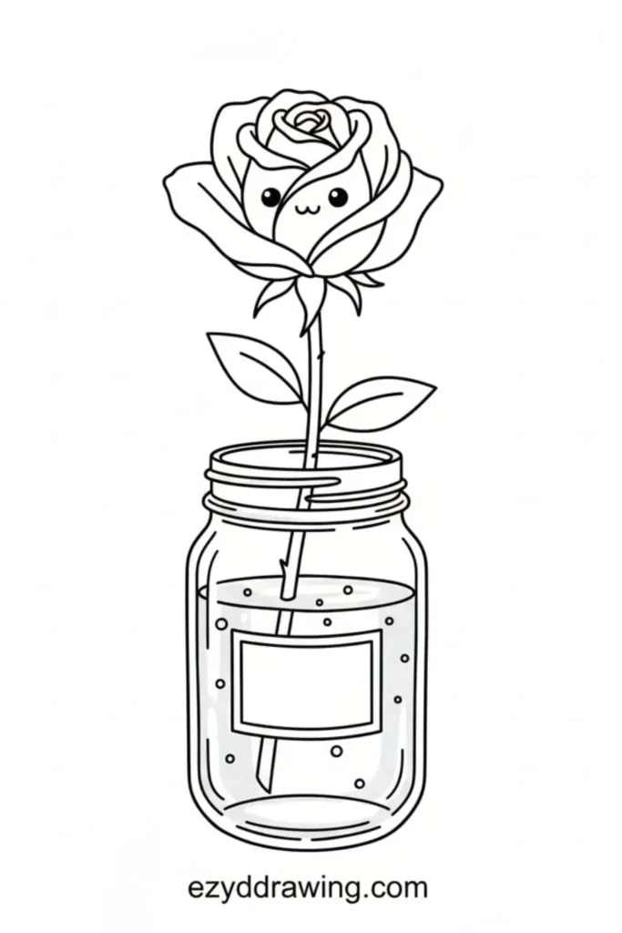Cute rose with a smiling face placed inside a mason jar filled with water, with two simple leaves on the stem in a clean outlined style