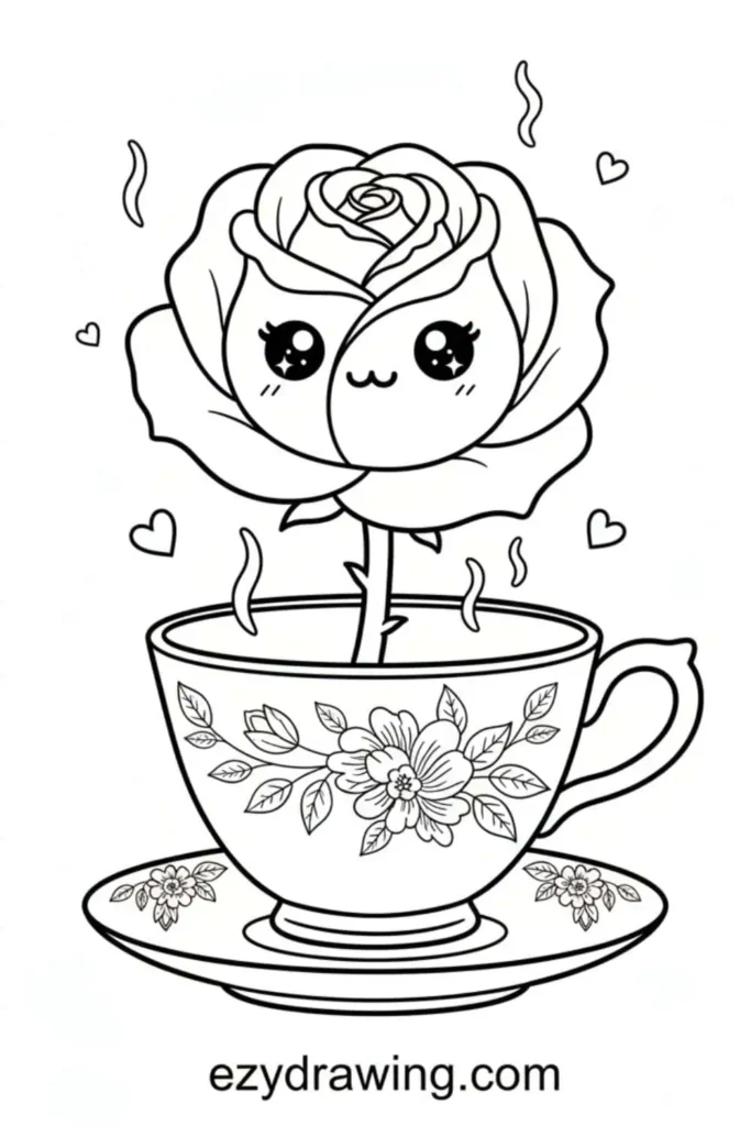 Kawaii rose with a cute smiling face blooming from a decorated teacup, surrounded by tiny hearts and gentle steam lines