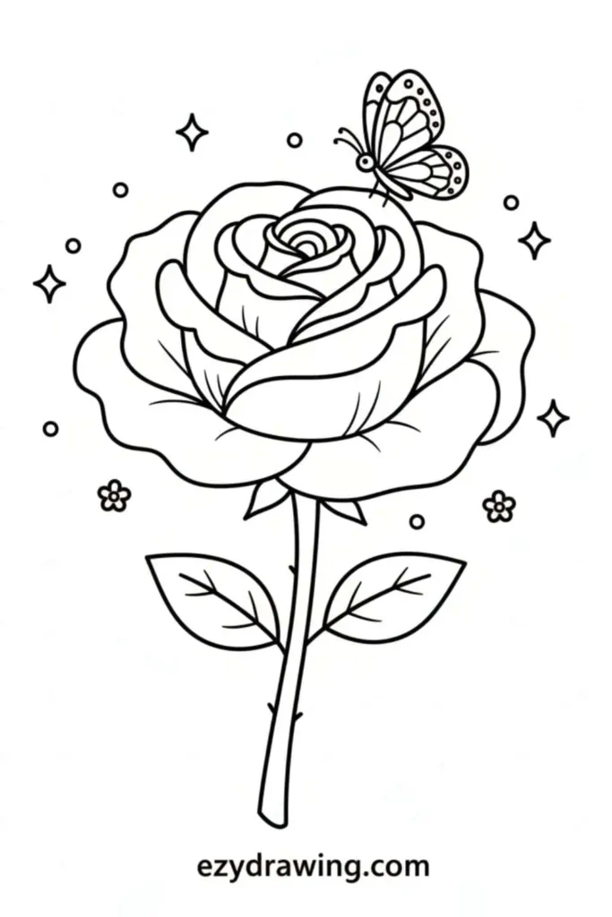 Large blooming rose with two leaves on the stem and a small butterfly resting on a petal, surrounded by sparkles and tiny flowers