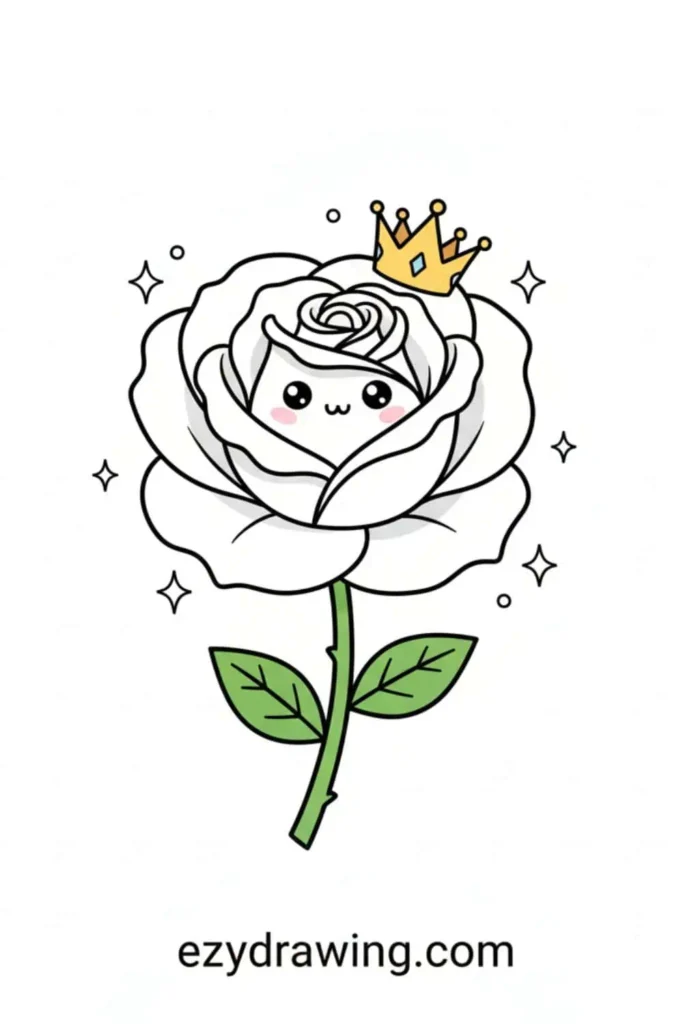 Cute white rose with a smiling face wearing a tiny crown, surrounded by sparkles and two green leaves on the stem