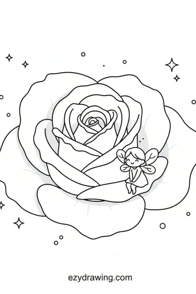 Large blooming rose with layered petals and a tiny fairy sitting on one petal, surrounded by sparkles in a simple outlined style