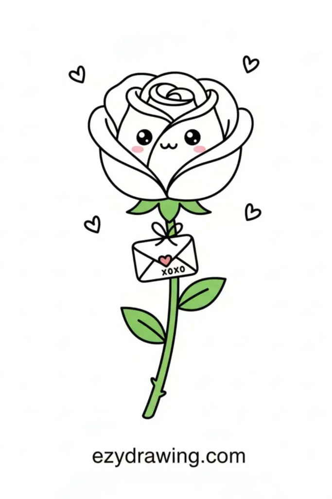Cute kawaii rose with a smiling face holding a tiny love letter tied to its stem, surrounded by small hearts in a simple outlined style