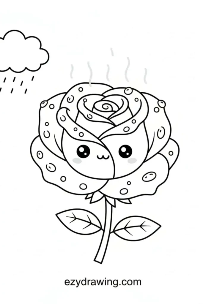 Kawaii rose covered in raindrops with a cute smiling face on the petals, a small rain cloud above and two simple leaves on the stem