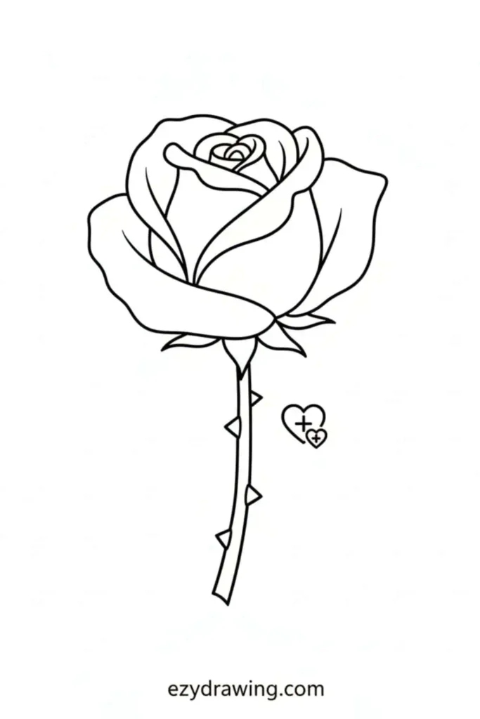 Single rose with layered petals and a long thorny stem, plus two small heart symbols beside it in a simple outlined style