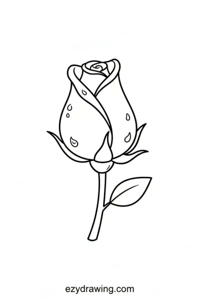 Simple rose bud with curved petals, tiny water droplets and one leaf on the stem in a clean outlined style