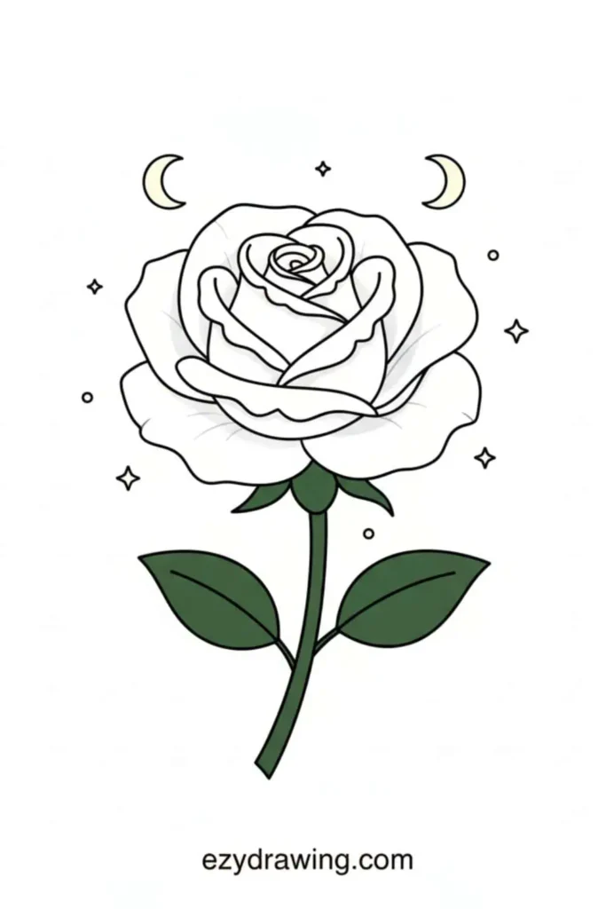 White rose with layered petals and green leaves, surrounded by tiny stars and two crescent moons in a simple outlined style