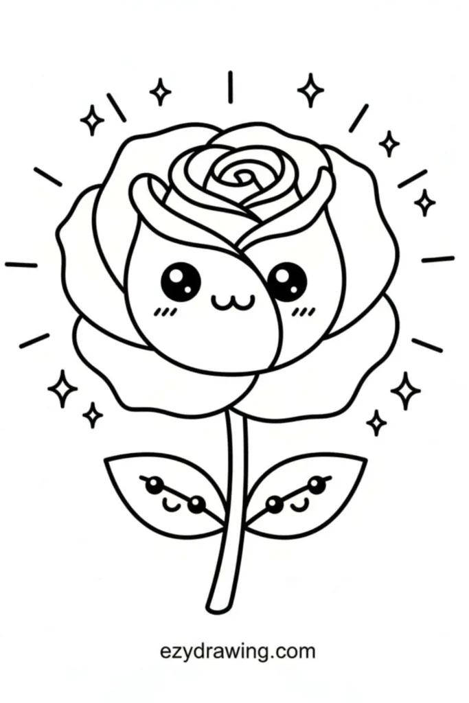 Kawaii style rose with a cute smiling face on the petals and tiny happy faces on the leaves, surrounded by sparkles and lines for shine