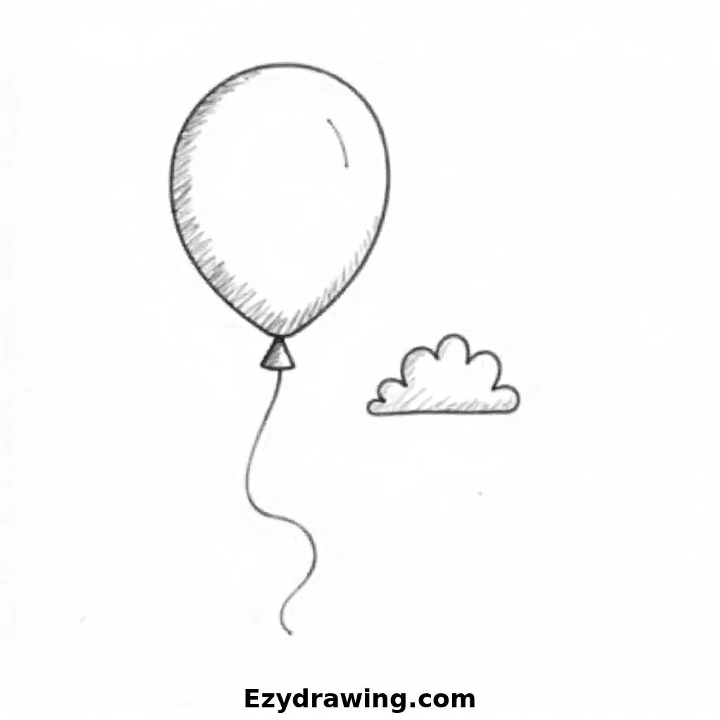 A single round balloon with a soft wavy string, floating beside a fluffy cloud, creating a whimsical scene