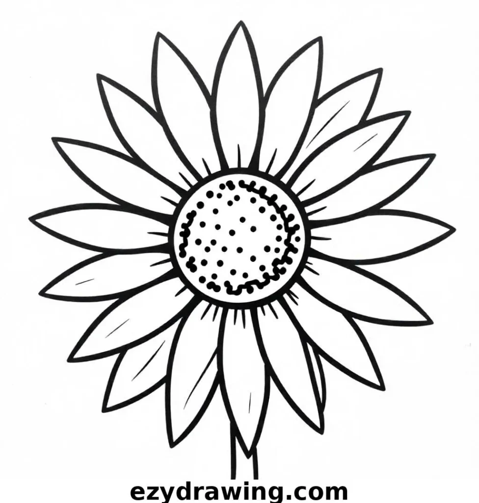 Simple black-and-white flower drawing with teardrop-shaped petals radiating from a small circular center.