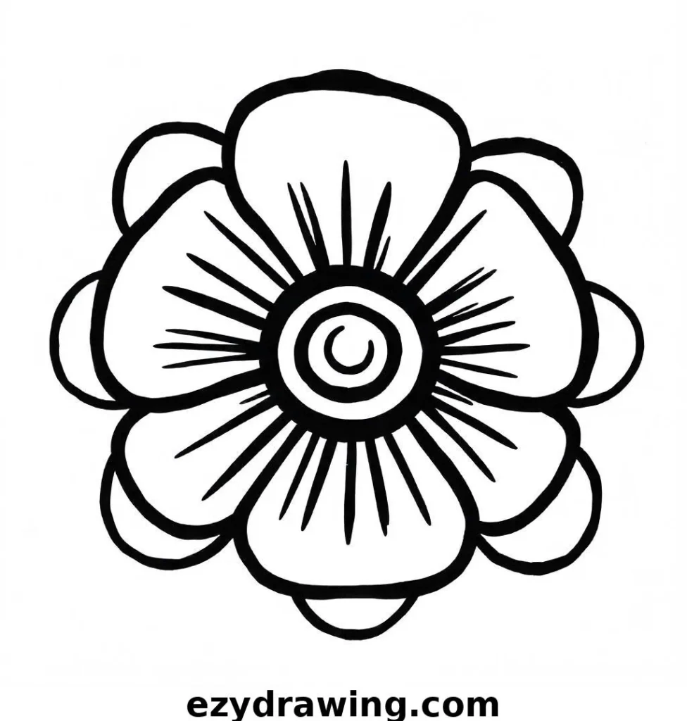 Cheerful black-and-white daisy sketch with oval petals, a large round center, and two simple leaves