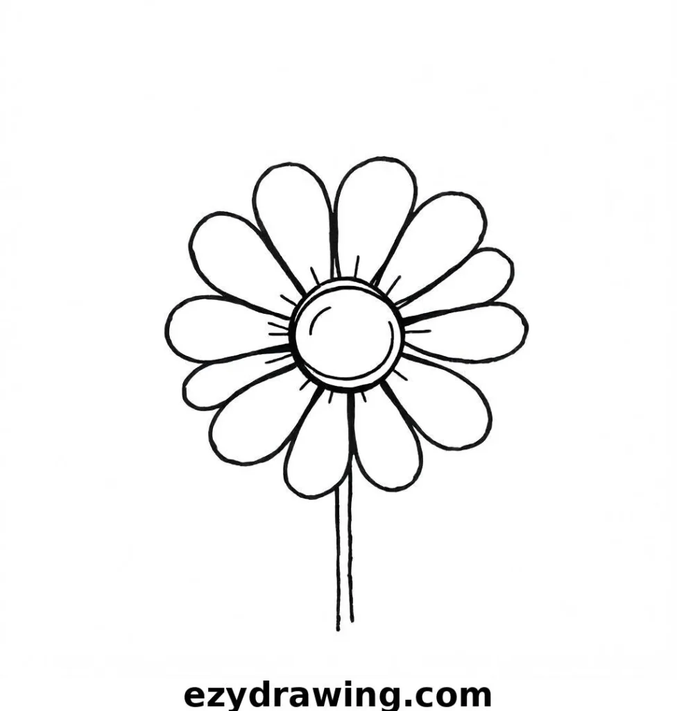 Small, black-and-white daisy illustration with petite, rounded petals and a tiny stem.