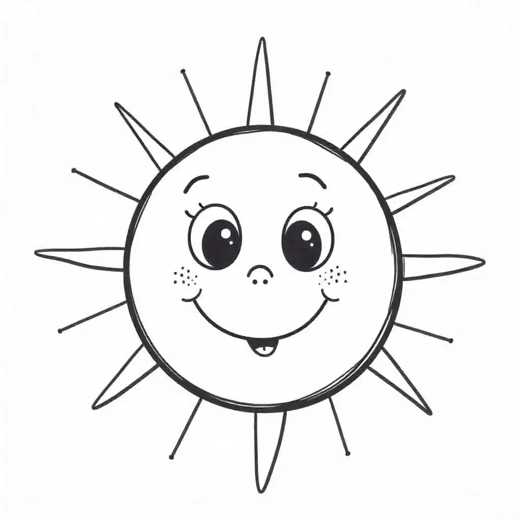 Smiling funny sun with a cheerful expression and radiating lines perfect for playful and simple sketches





