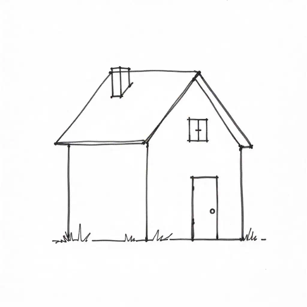 Minimalist house drawing with a triangular roof and front door
