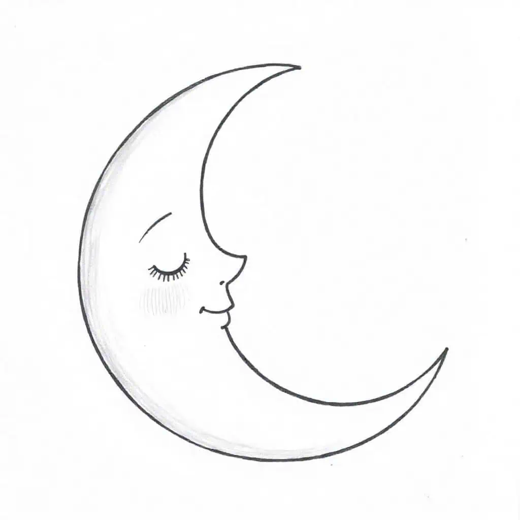 Relaxing crescent moon with a sleepy expression ideal for easy bedtime doodles
