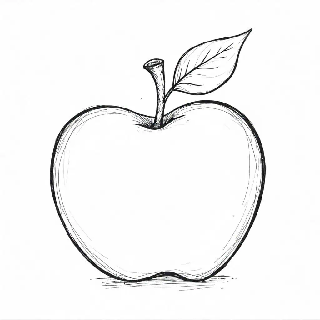 Round apple sketch with a small leaf on the stem ideal for kids
