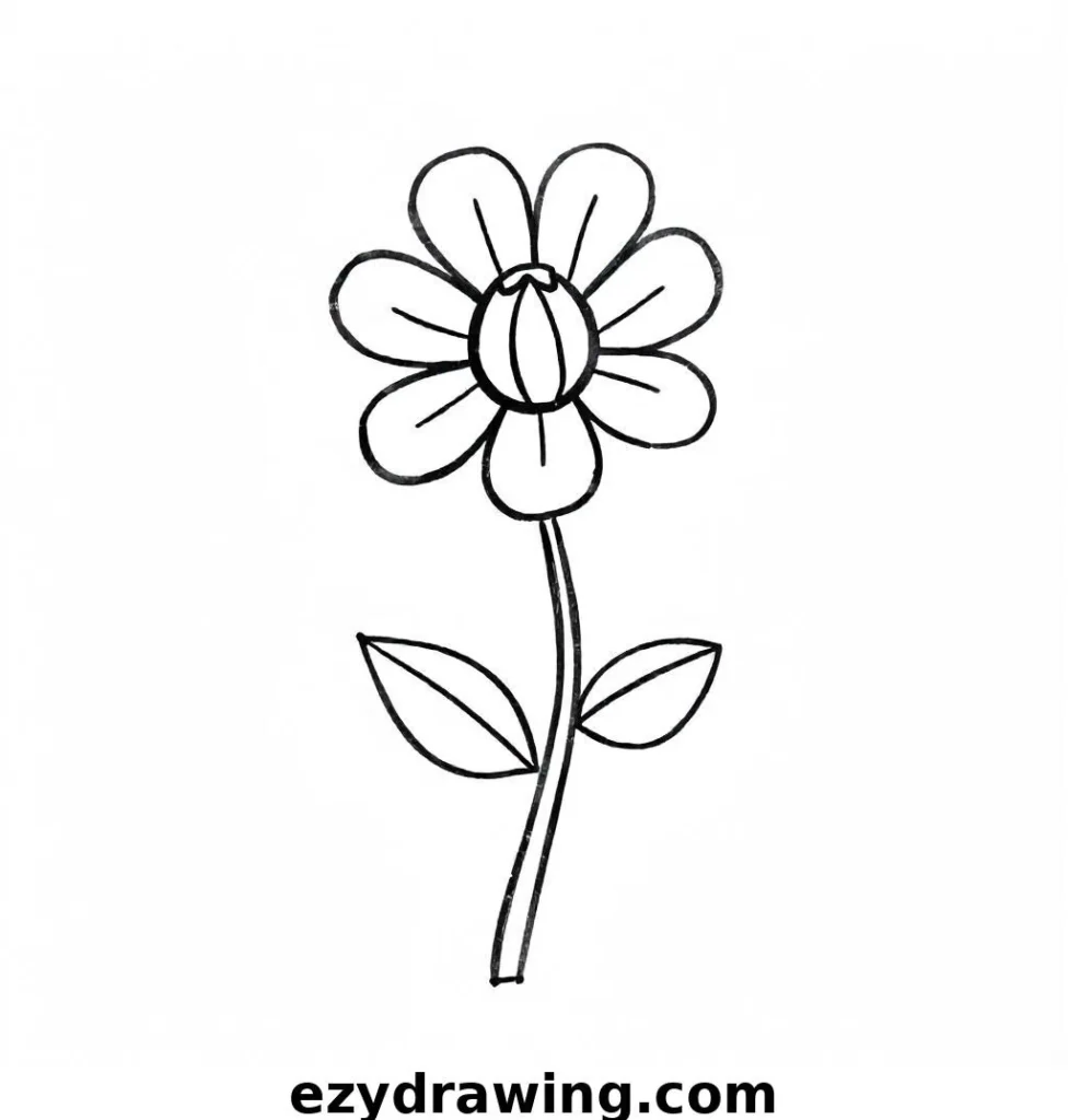 Beautiful flower drawing in black and white with heart-shaped petals surrounding a small circular center.