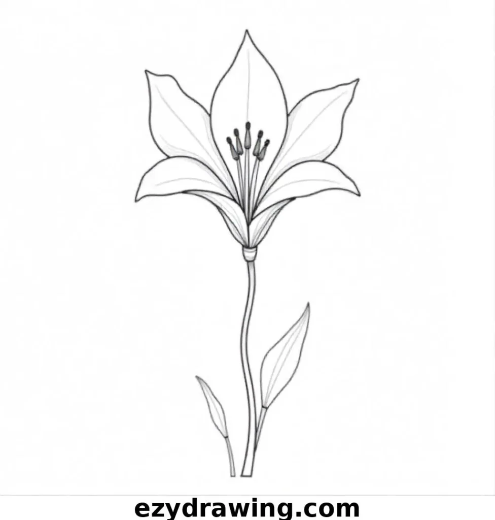 Black-and-white drawing of a flower with rounded petals, a small bud, and a thin stem with leaves