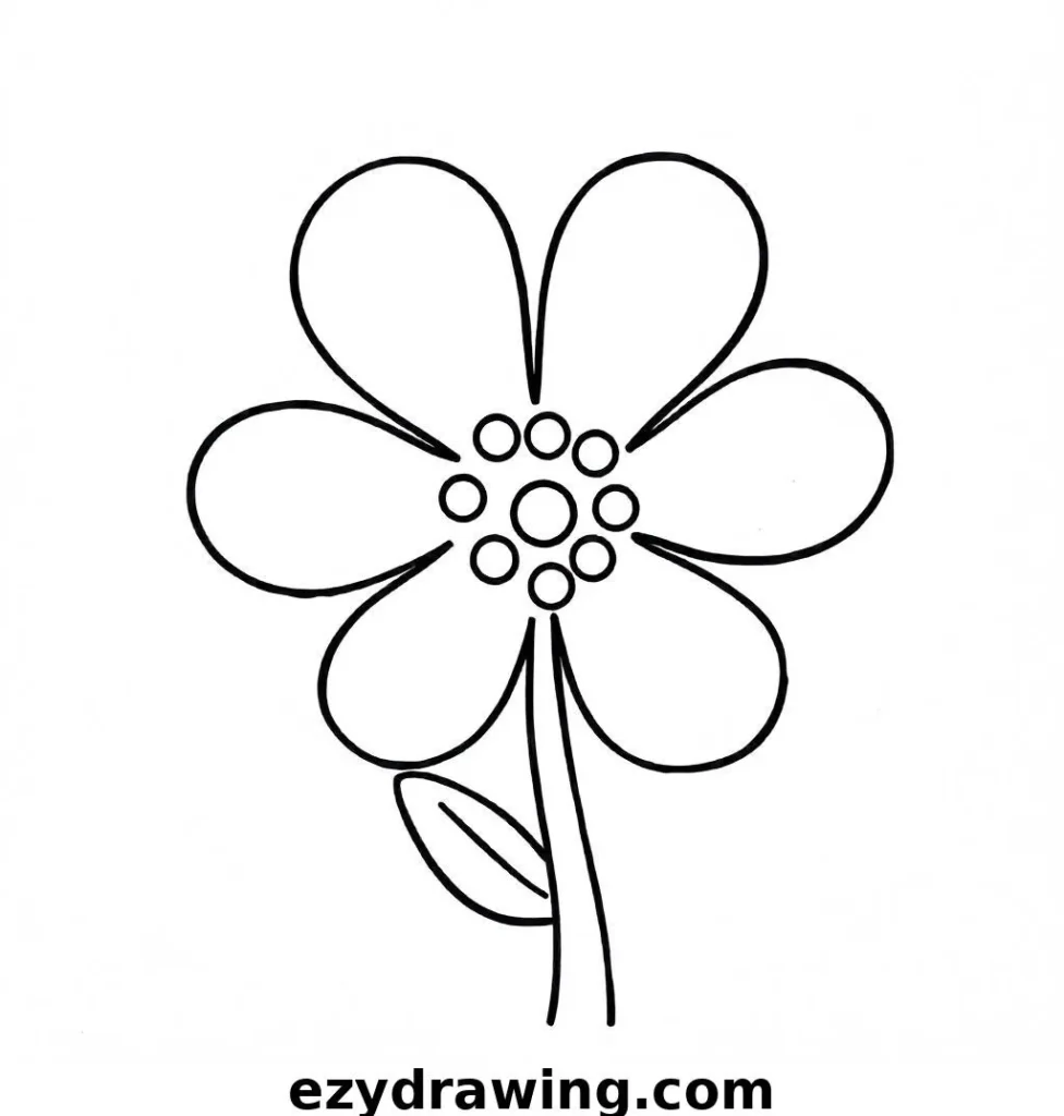 Black-and-white drawing of a flower with several round petals and a center decorated with dots