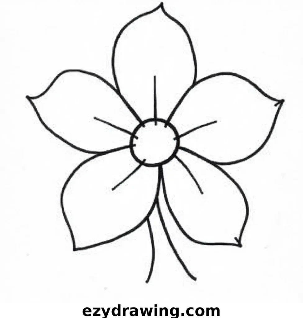 Black-and-white sketch of a flower featuring wavy, slightly irregular petals around a small center