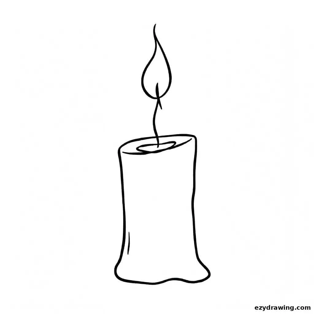 Candle with a curved, melted top and uneven wax drips down the sides.
