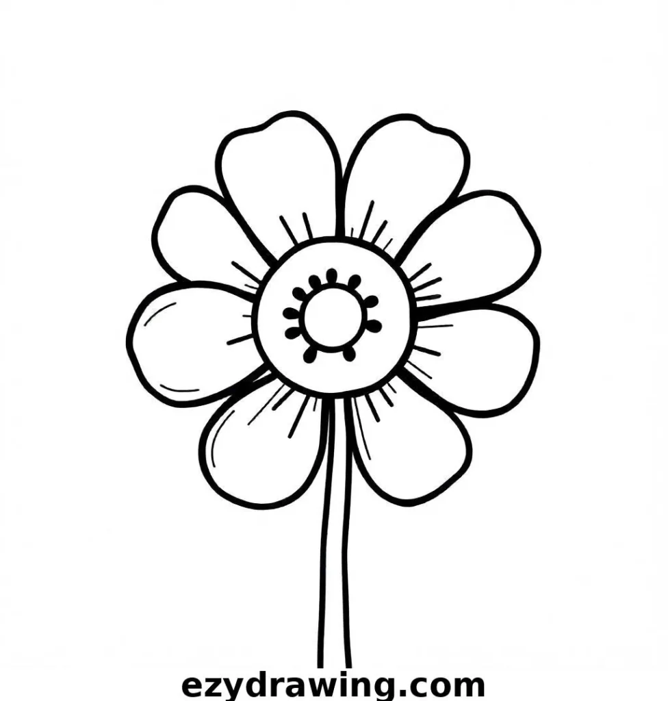 Delicate poppy drawing in black and white with rounded, slightly overlapping petals and a textured center