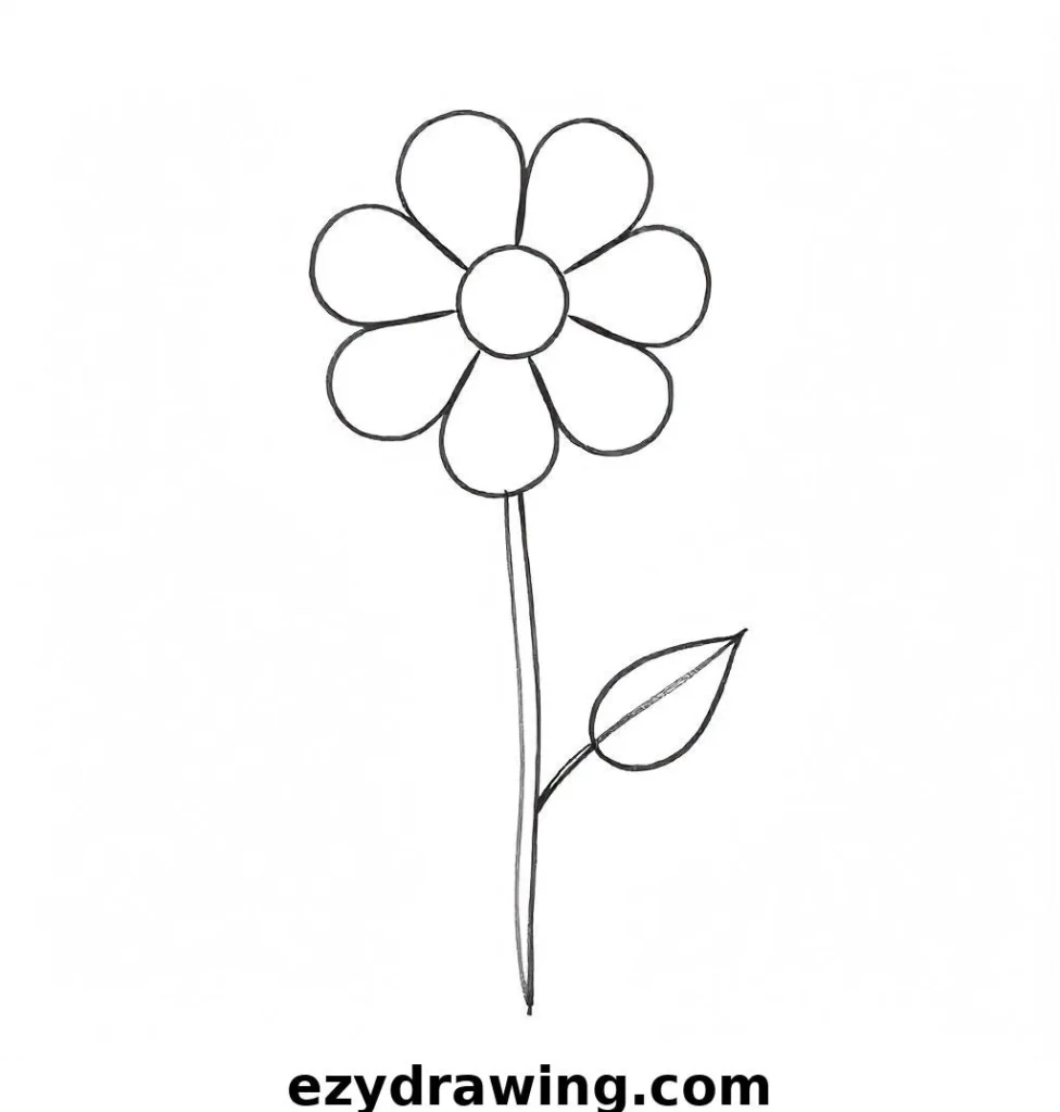 "Charming flower drawing with five rounded petals surrounding a small circular center, drawn in black and white