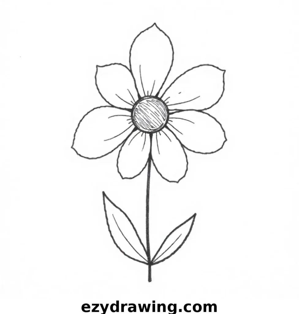 Black-and-white drawing of a simple daisy with a small circular center and six round petals, featuring soft, organic lines