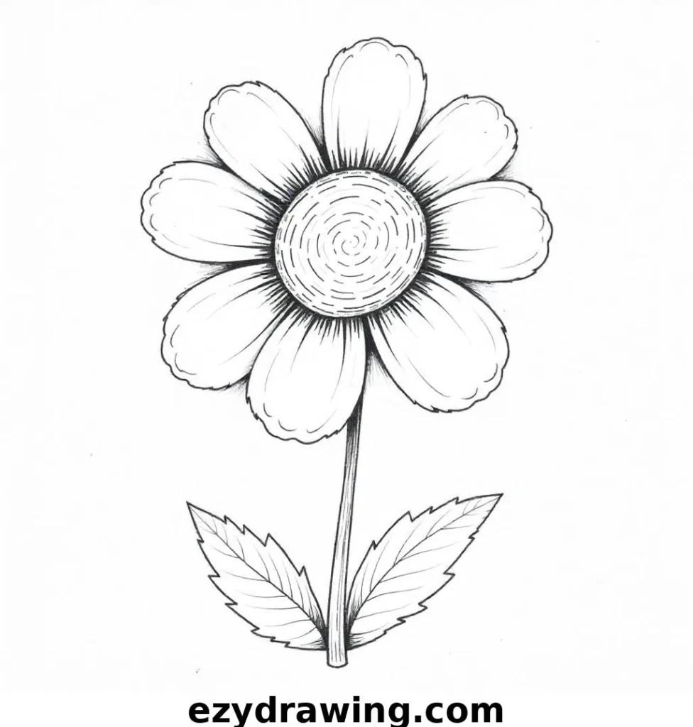 Minimalistic black-and-white flower sketch with rounded petals, a small circular center, and a leafy stem.