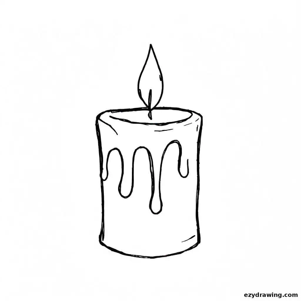 Short, wide candle with a steady flame and melted wax dripping from the top.
