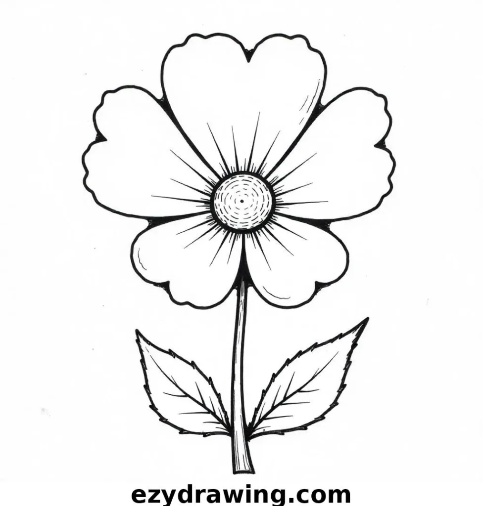 Minimalistic black-and-white flower drawing with rounded petals, a small circular center, and a gently curved stem