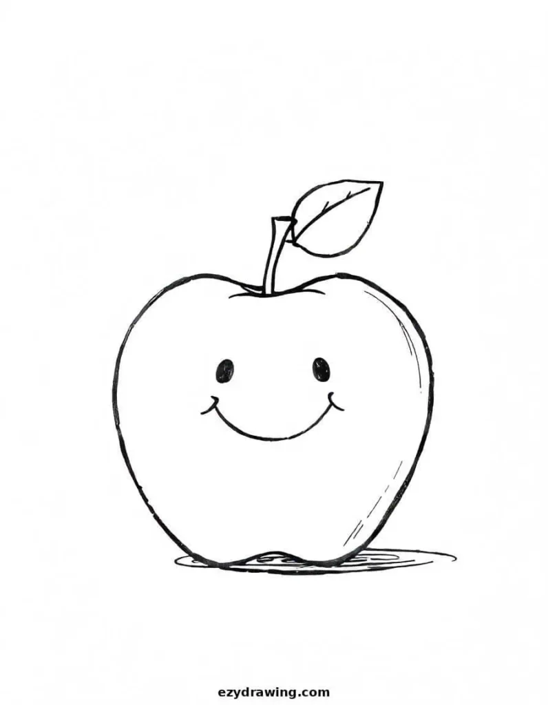 Cartoon-style apple with a cheerful smiling face and leaf
