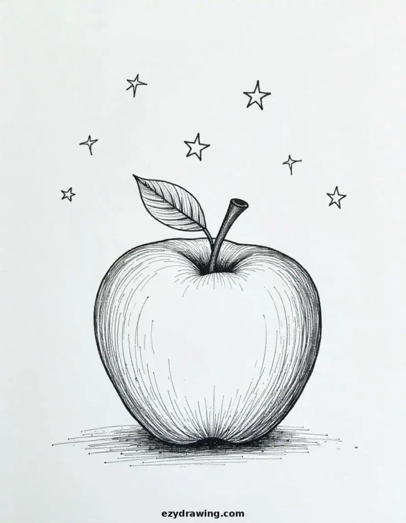 Apple with small stars surrounding it, showcasing a magical vibe
