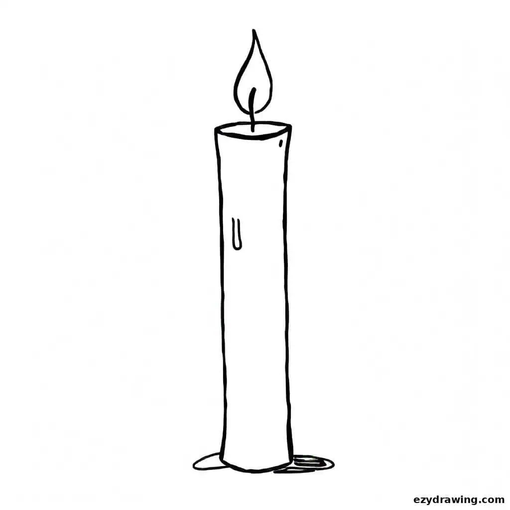 Tall, slender candle with a small flame and wax drips down its side.
