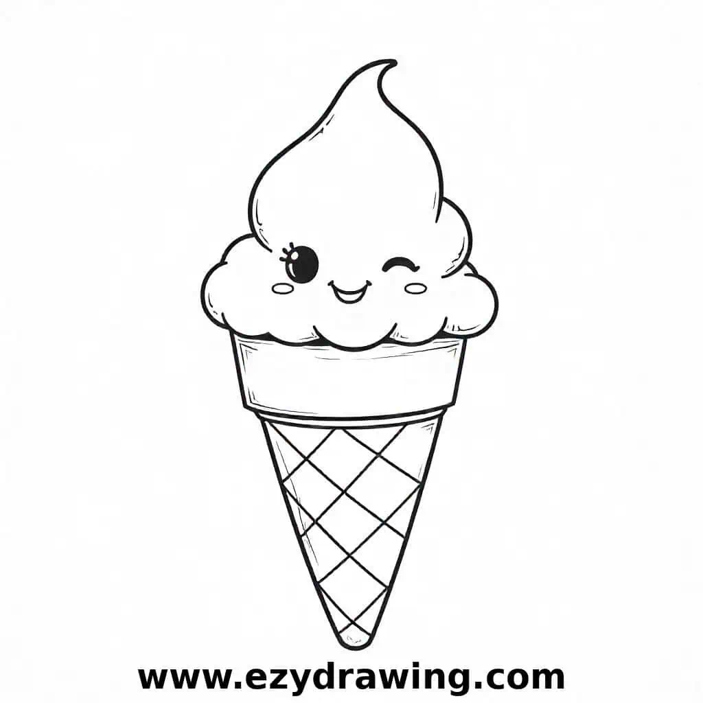 Smiling ice cream cone with a cheerful face drawn on the scoop.
