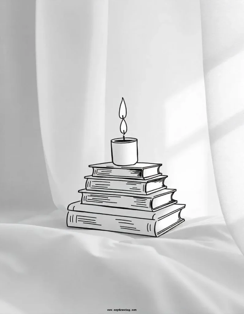 A simple and cozy line drawing of a stack of books with a lit candle on top, perfect for beginners practicing straight and curved lines.