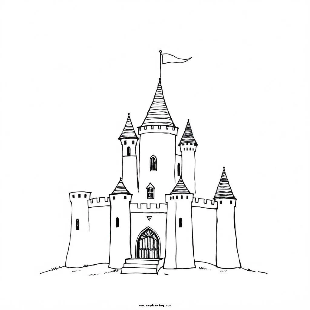 An easy sketch of a fairytale castle with multiple towers and a flag, ideal for practicing symmetrical drawing and creativity.