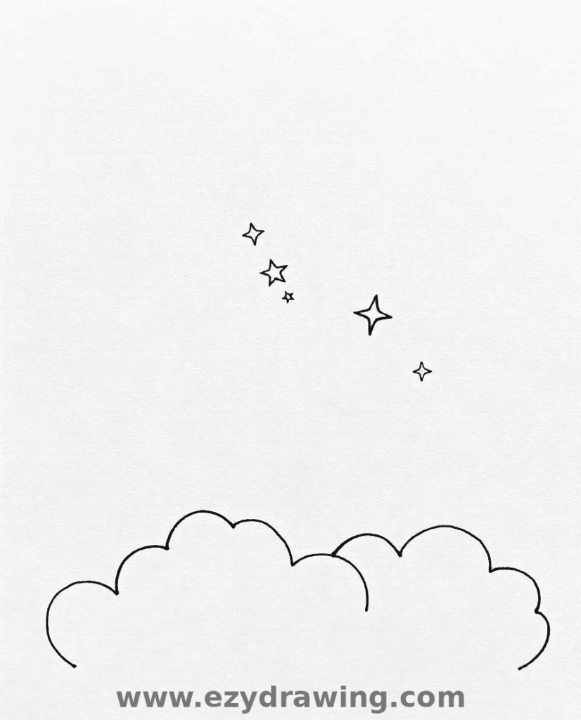 A beginner-friendly drawing of fluffy clouds with scattered stars, great for exploring simple shapes and night sky themes.